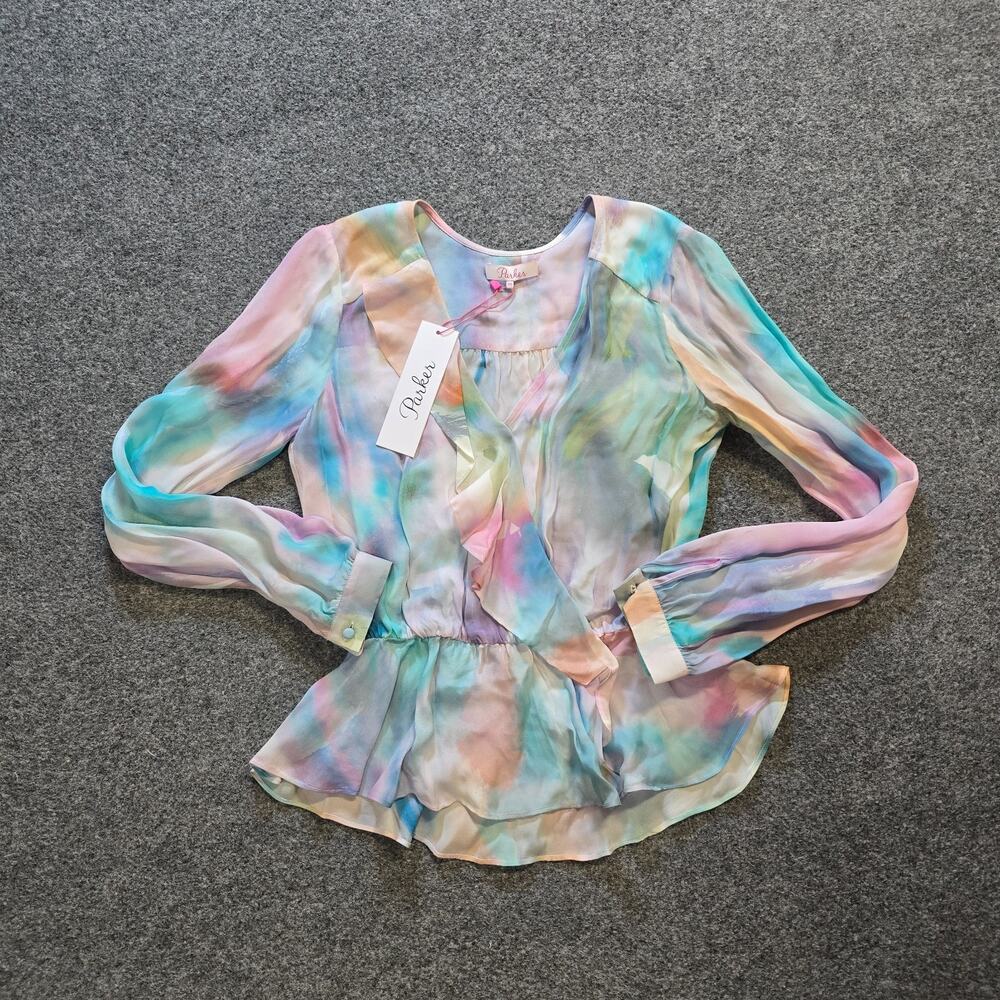 Parker Top Womens Size XXS Pink Blue Watercolor Silk Artsy V Neck Peplum Blouse